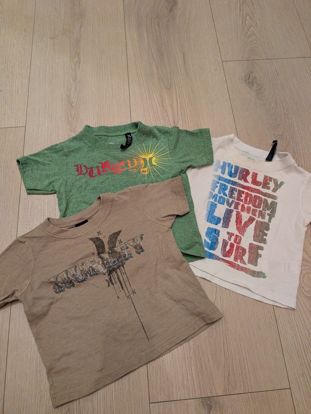 Y2K Hurley Kids' Multi-Color Graphic Tee Trio (Green, White, Tan) 0213